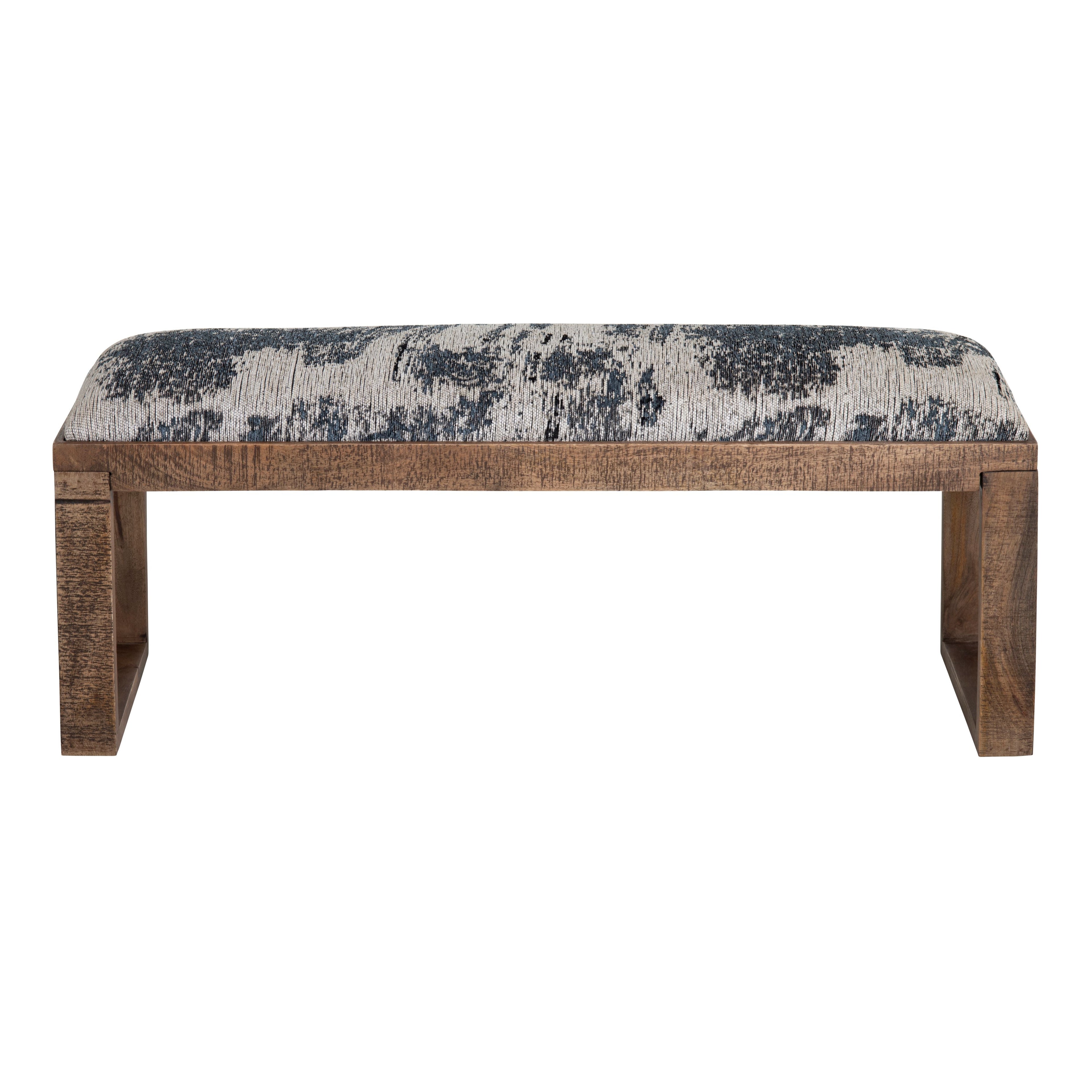 Navy Upholstered Accent Bench with Brown Solid Wood Frame