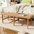 Banc de chambre en bois d'acacia avec assise en cuir PU tressé