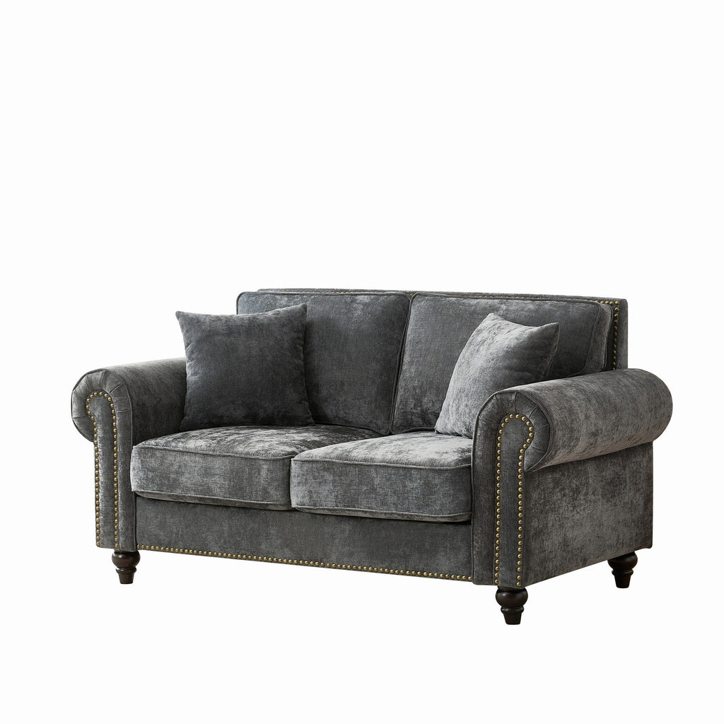Modern 63 2-Seater Sofa with Tufted Upholstery, Rolled Arms, and Nailhead Trim