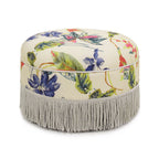 Pouf d'appoint rond rembourré de 24 pouces, floral tropical beige avec passepoil ivoire