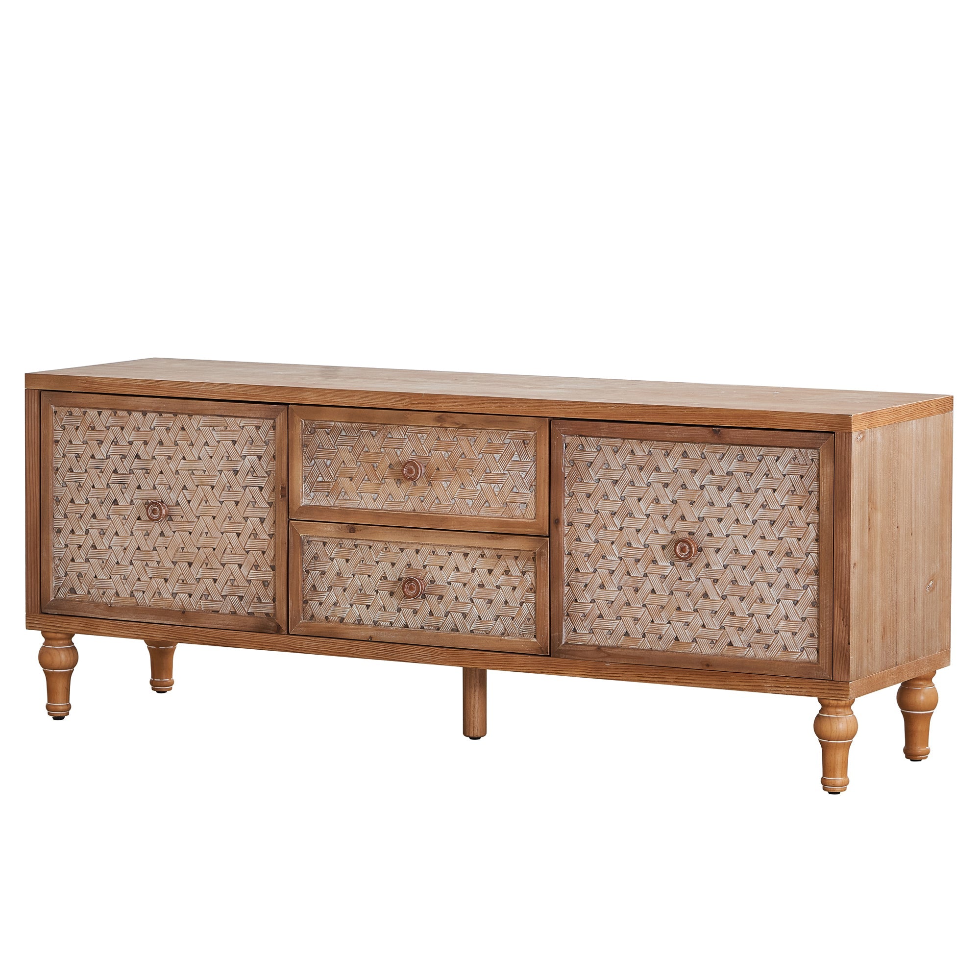 Mid-Century Modern Rattan Distressed TV Stand