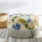 Pouf d'appoint rond rembourré de 24 pouces, floral tropical beige avec passepoil ivoire
