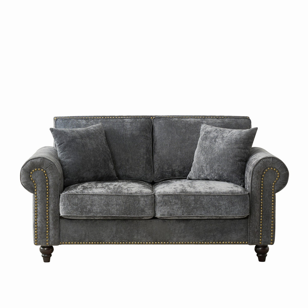 Modern 63 2-Seater Sofa with Tufted Upholstery, Rolled Arms, and Nailhead Trim