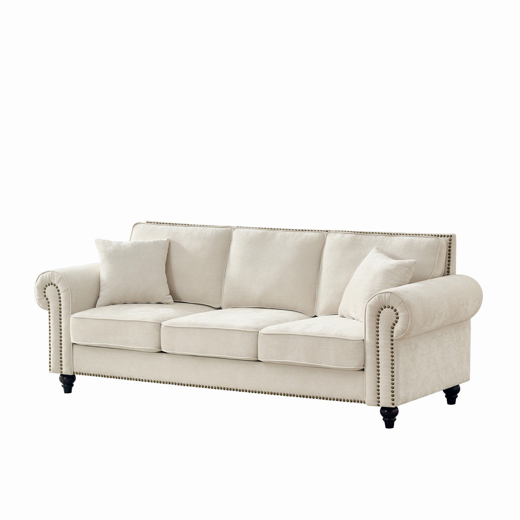 Modern 86 3-Seater Sofa with Tufted Upholstery, Rolled Arms, and Nailhead Trim