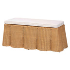 Pouffe rectangulaire en rotin naturel festonné avec coussin amovible