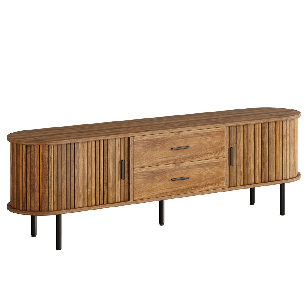 Mid-Century Modern Fluted TV Stand with Tambour Sliding Doors
