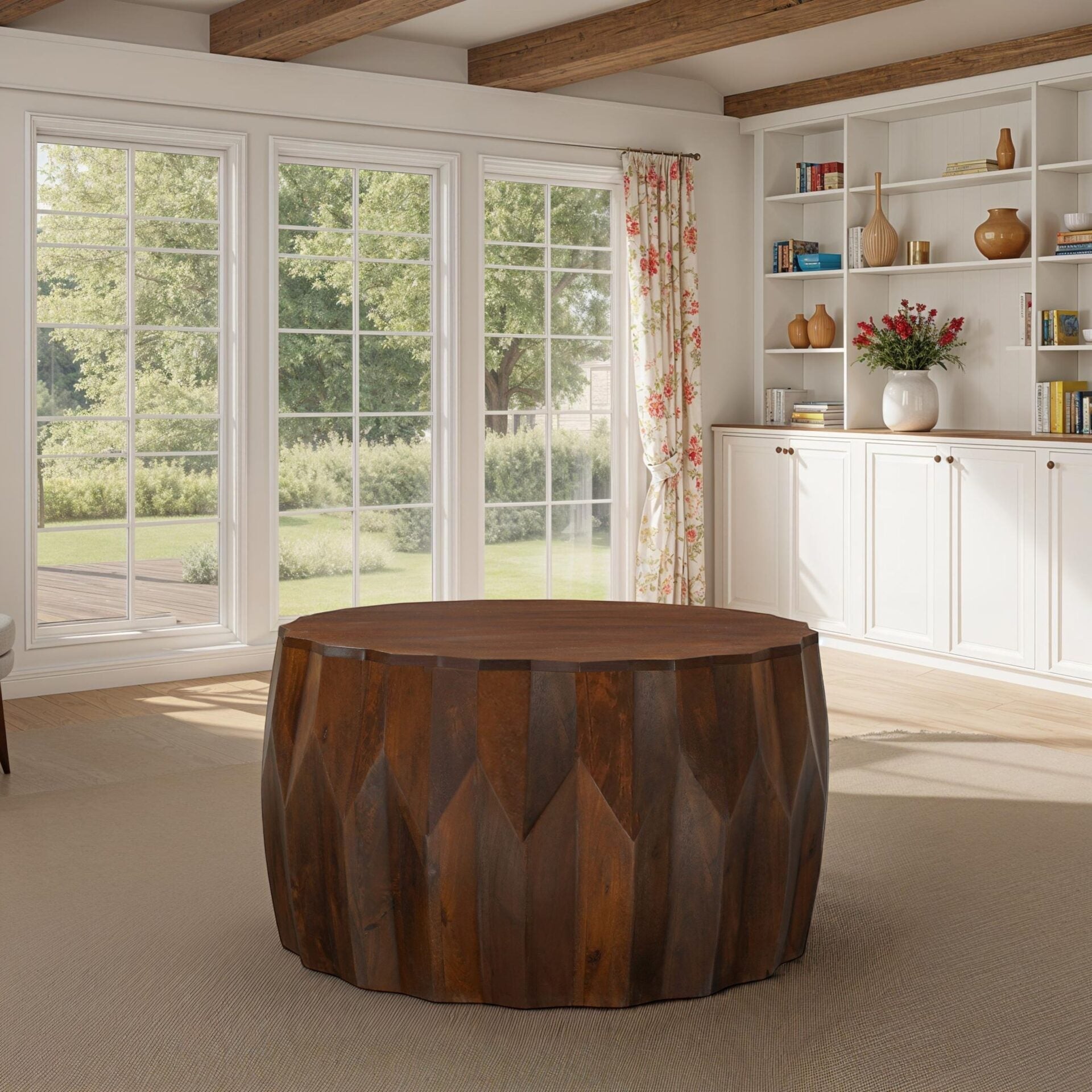 Facet 30 Diamond Carved Round Mango Wood Coffee Table
