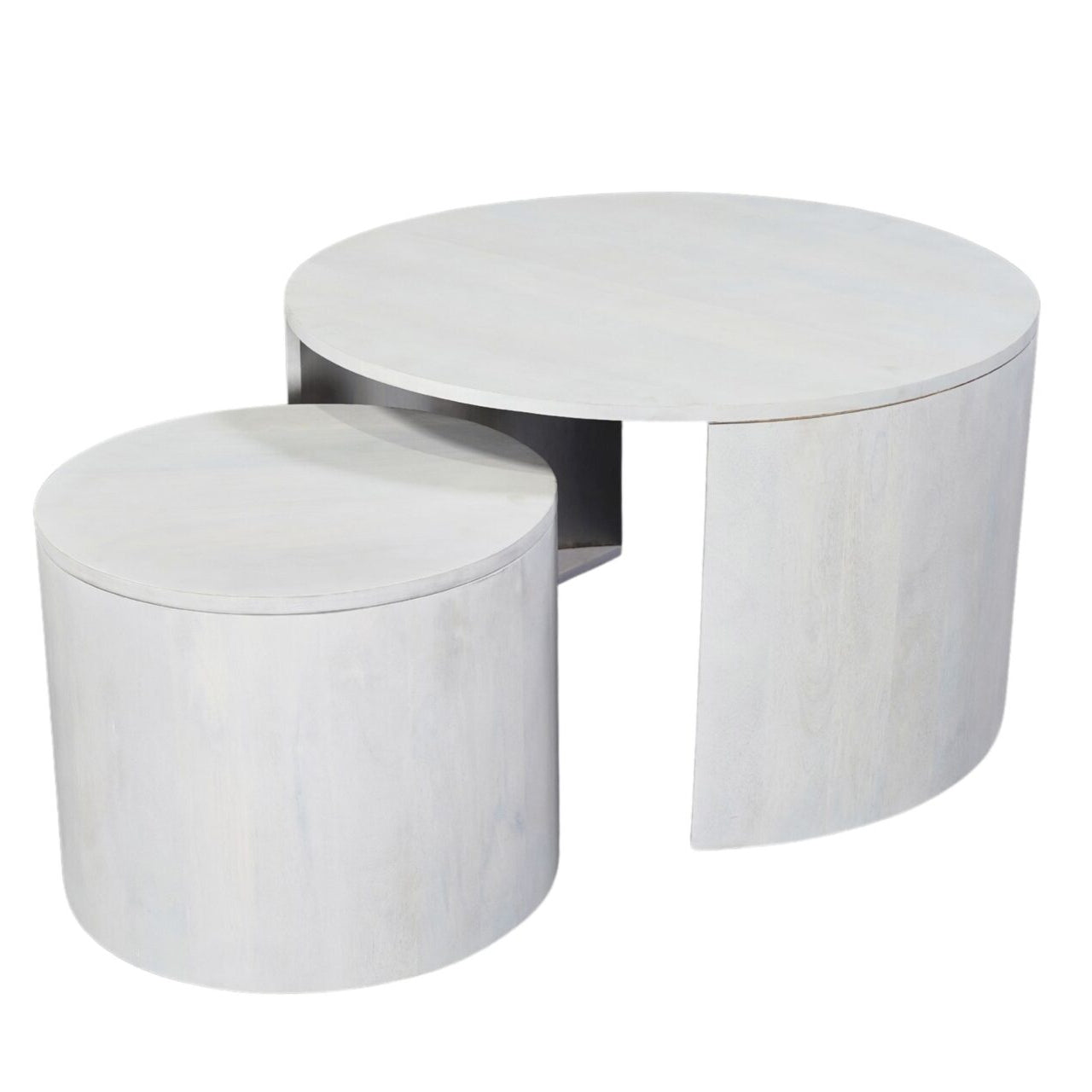 30 Round Nesting Coffee Table with Storage - Mango Wood, Whitewash Finish