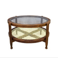 33 Round Coffee Table with Glass Top and Cane Shelf in Honey Finish