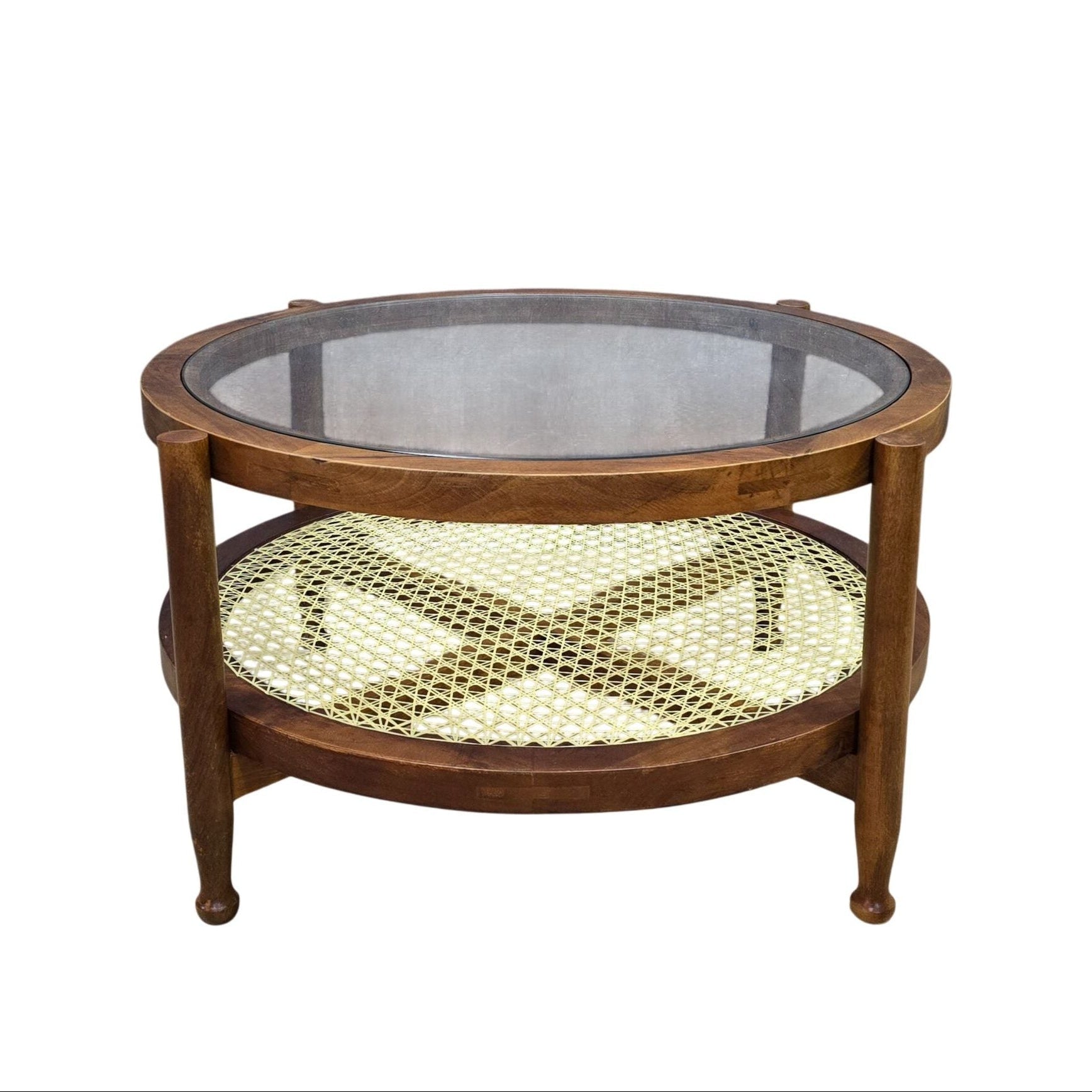 33 Round Coffee Table with Glass Top and Cane Shelf in Honey Finish