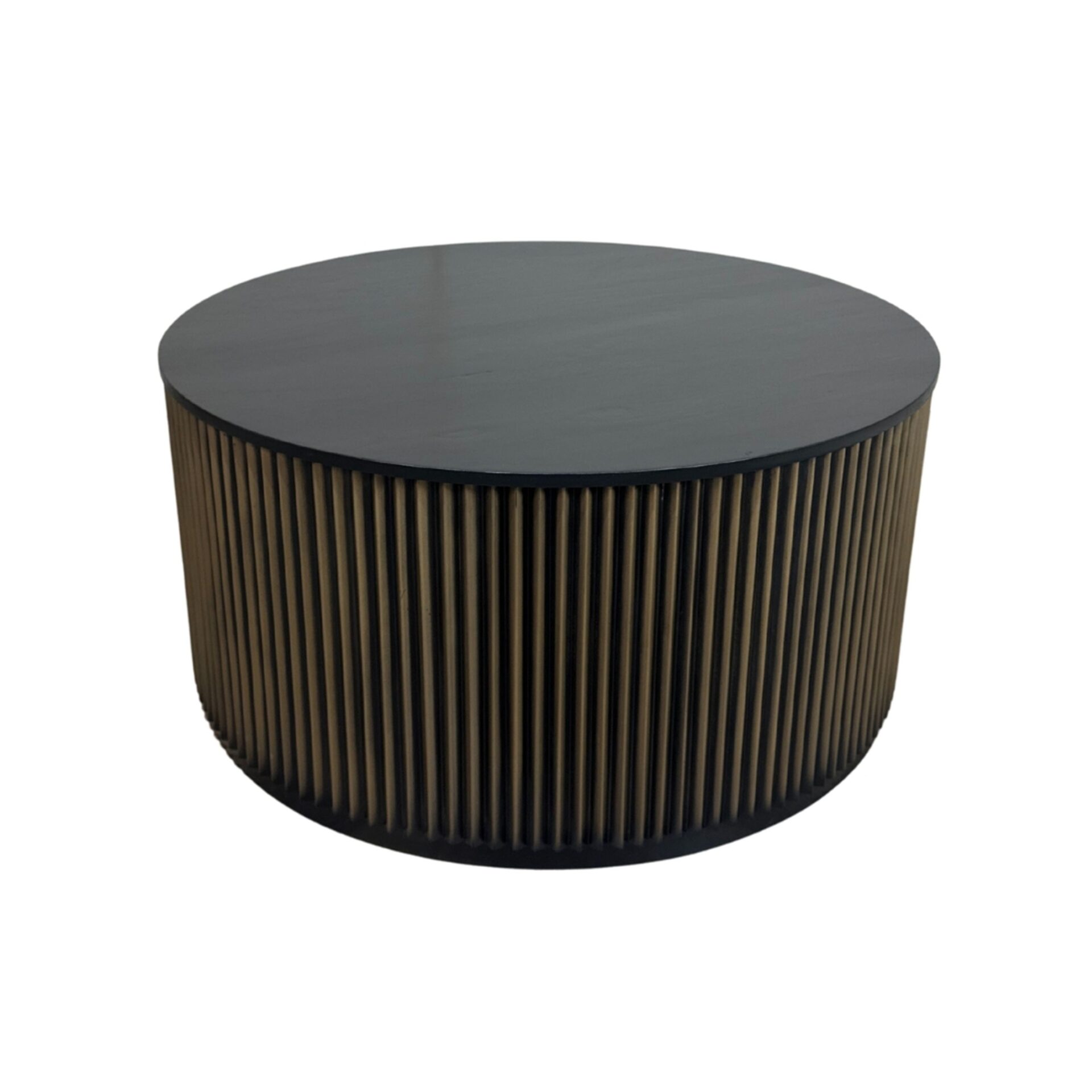 Harmony Groove Round Black-Honed Mango Wood Coffee Table with Vintage Brass Base