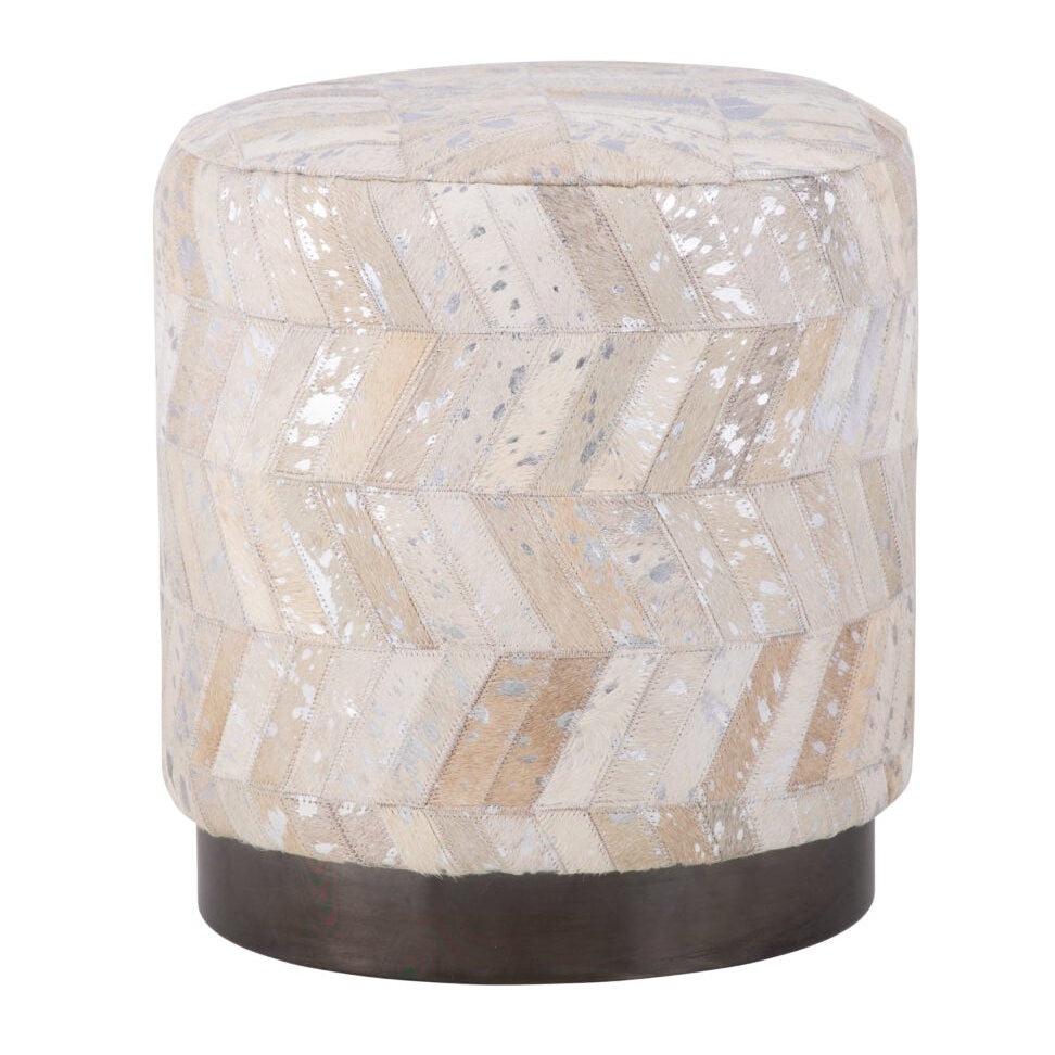 Silver Leather Handwoven Chevron Ottoman with Matte Black Base