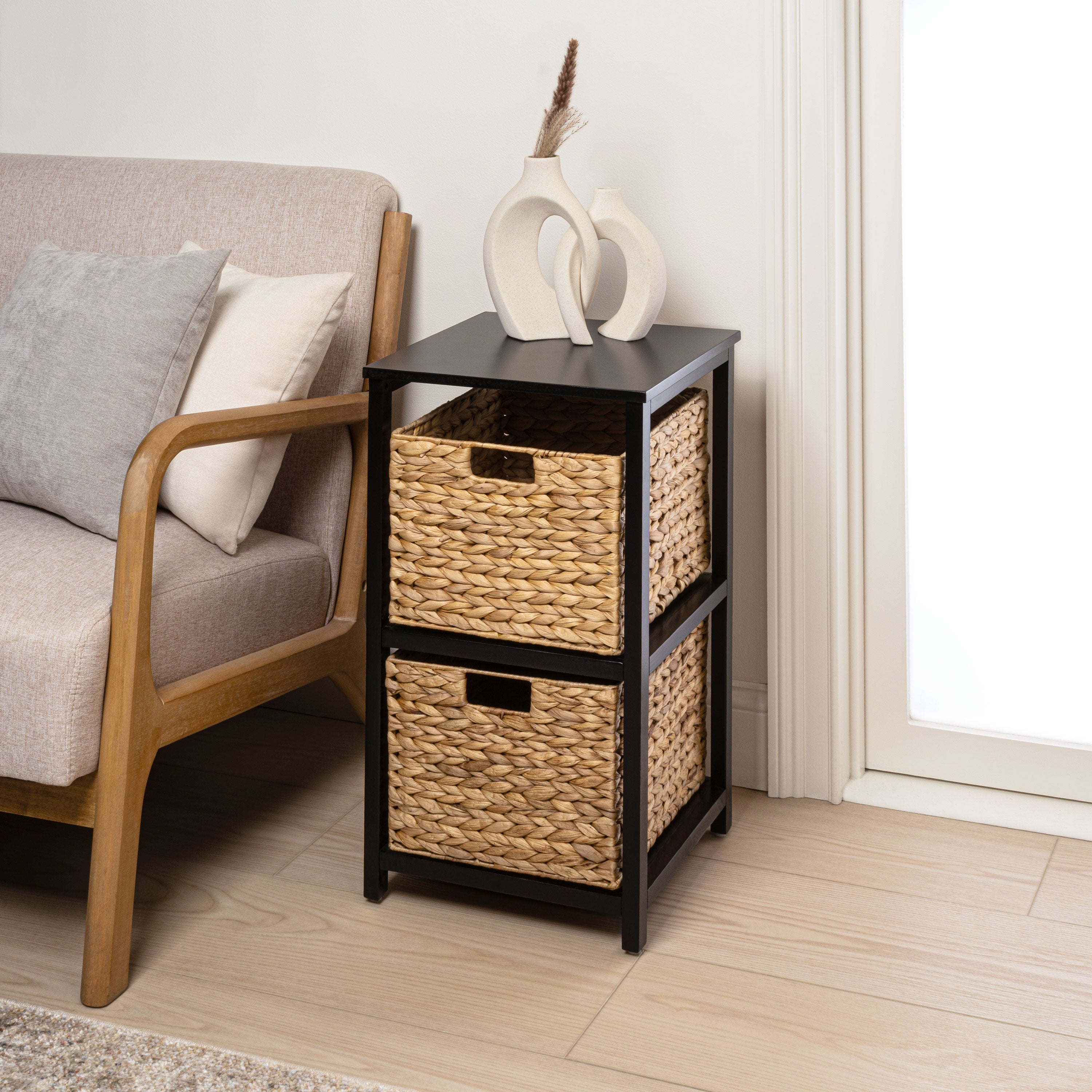 Cohen Coastal Bohemian Handcrafted Acacia Wood 2-Tier Storage Cabinet with 2 Water Hyacinth Woven Baskets