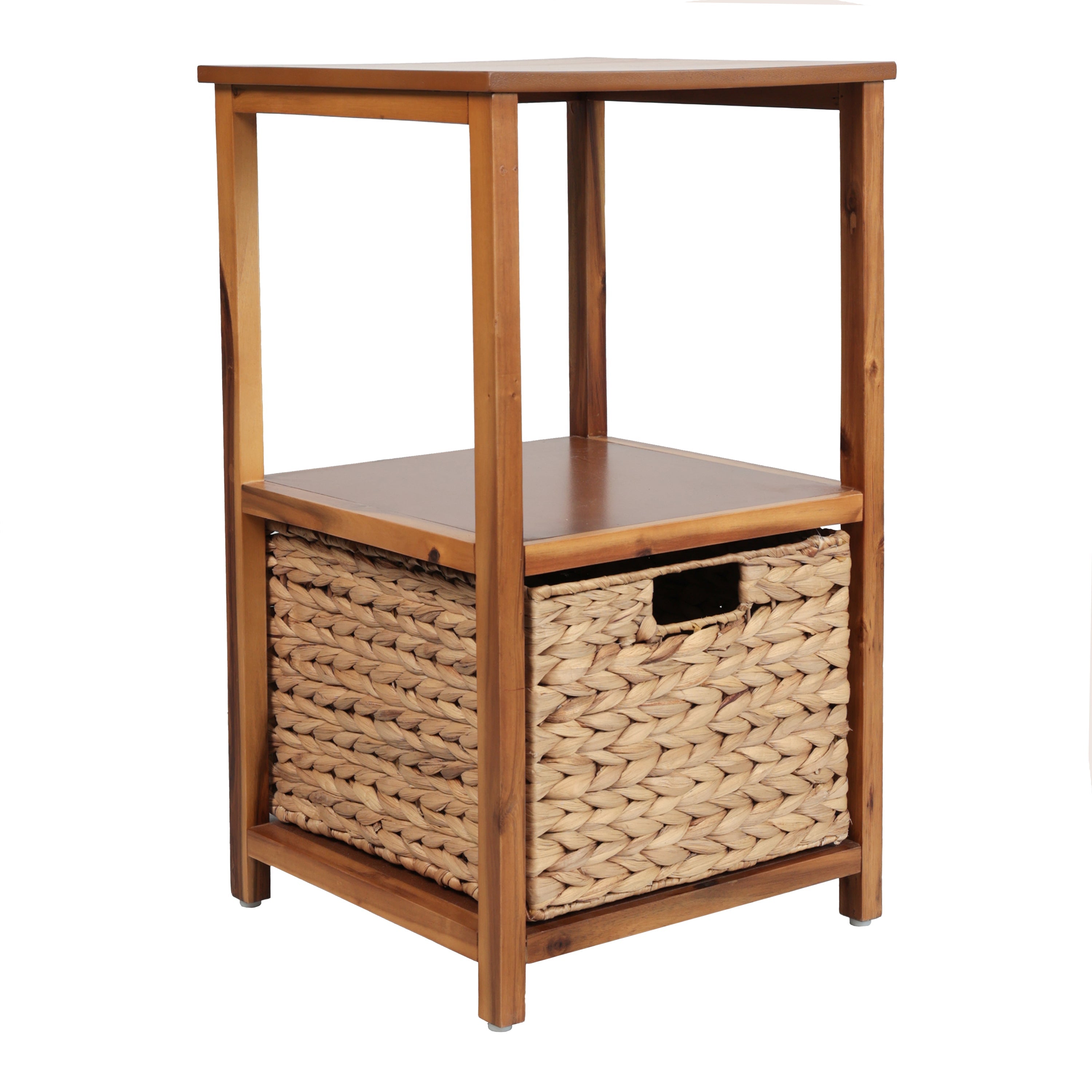 Meuble de rangement à 2 niveaux en bois d'acacia fait main de style Bohème Côtier avec panier tressé en jacinthe d'eau