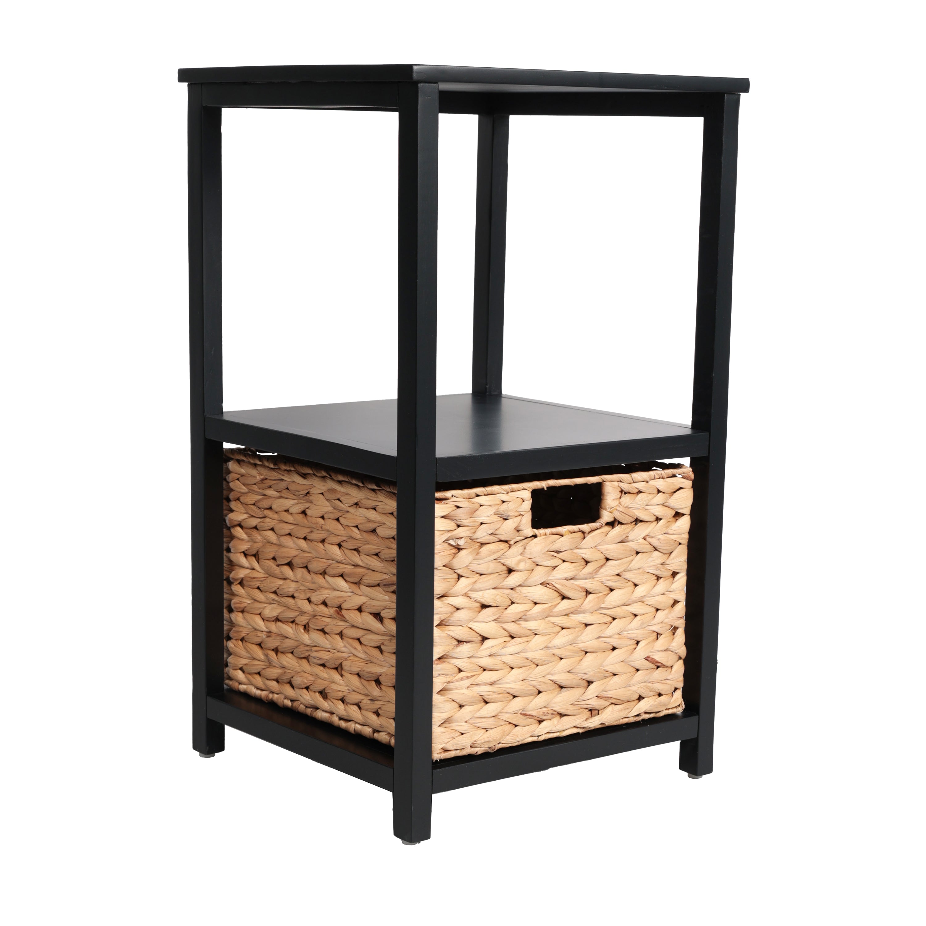 Meuble de rangement à 2 niveaux en bois d'acacia fait main de style Bohème Côtier avec panier tressé en jacinthe d'eau