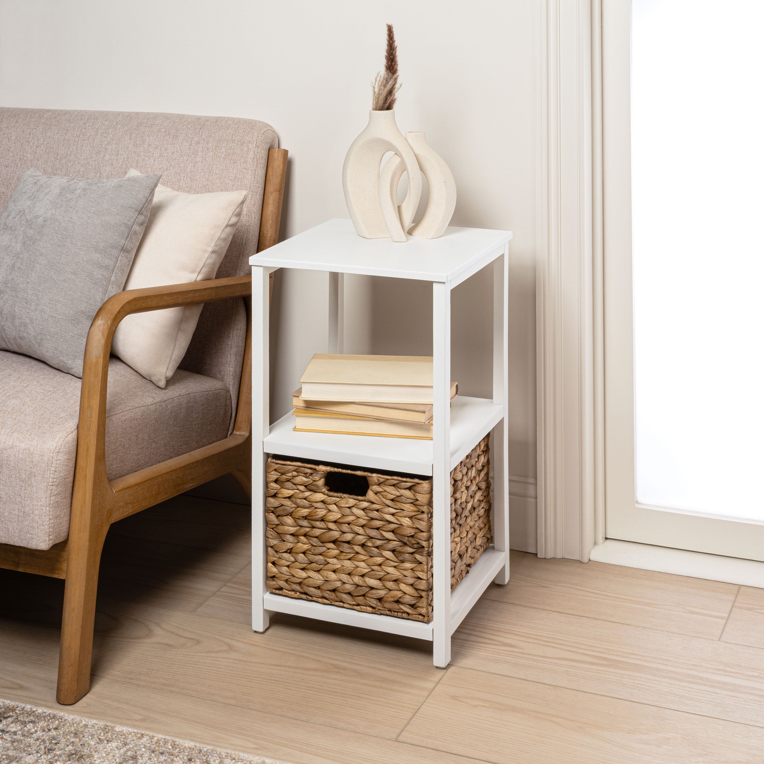 Cohen Coastal Bohemian Handcrafted Acacia Wood 2-Tier Storage Cabinet with 1 Water Hyacinth Woven Basket