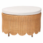 Ottoman rond en rotin naturel festonné bohème avec coussin amovible