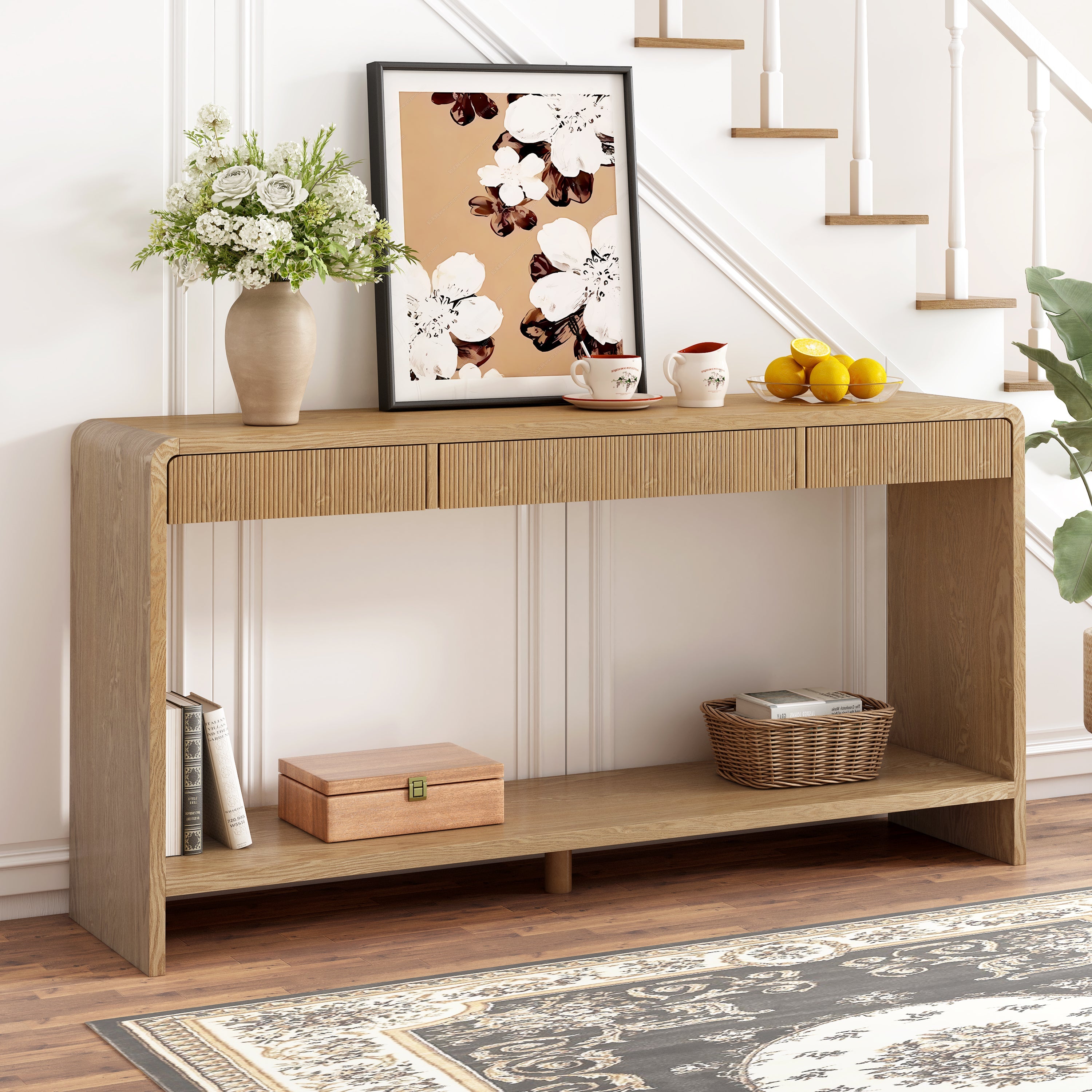 Console de table moderne à 3 tiroirs avec lattes verticales